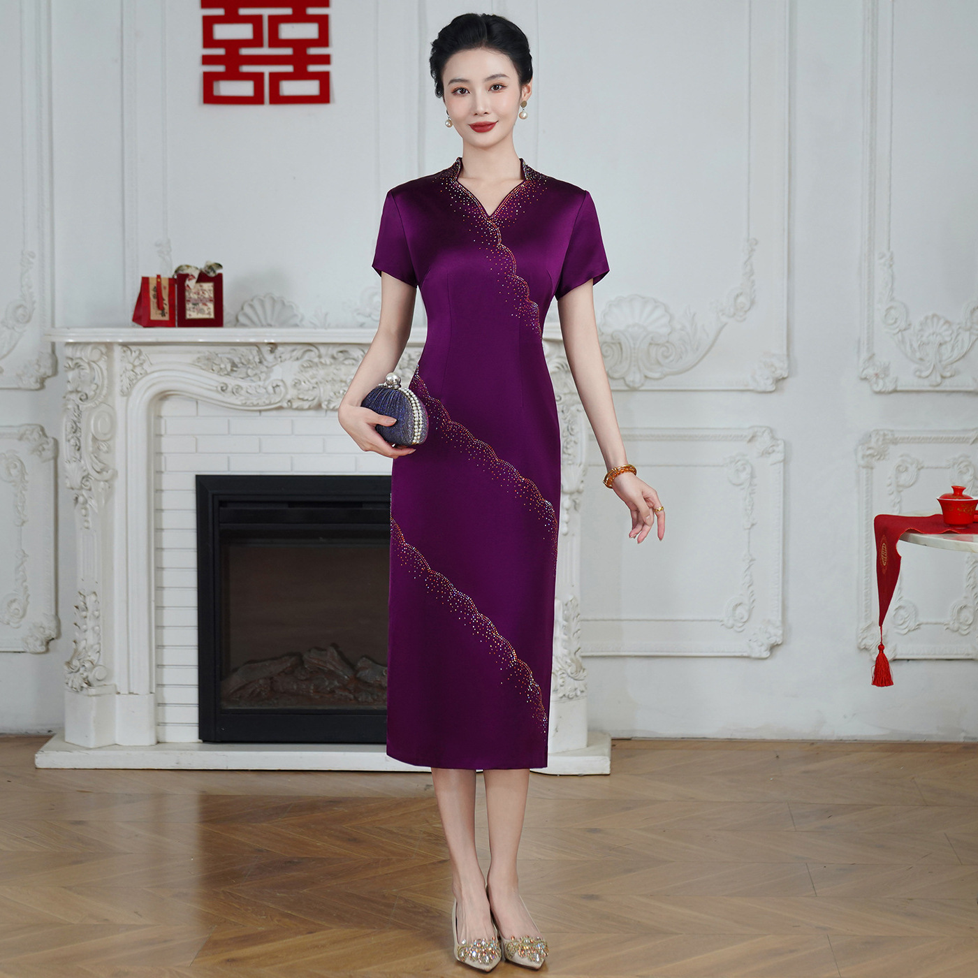 Mother-In-Law Wedding Banquet Outfit 2025 New Short-Sleeve Acetate Purple Wedding Mother Dress Supports Drop Shipping 2263