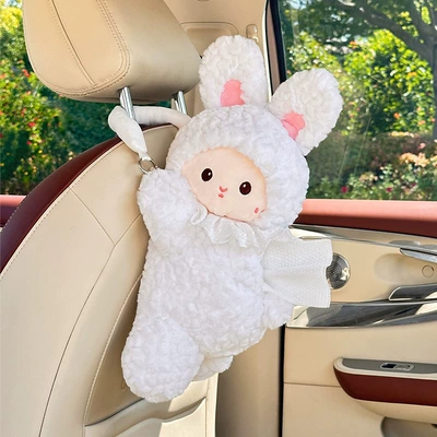 High-End Car Tissue Box, Cute Car tissue box/set - beanie-velvet-bunny-tissue-box-white