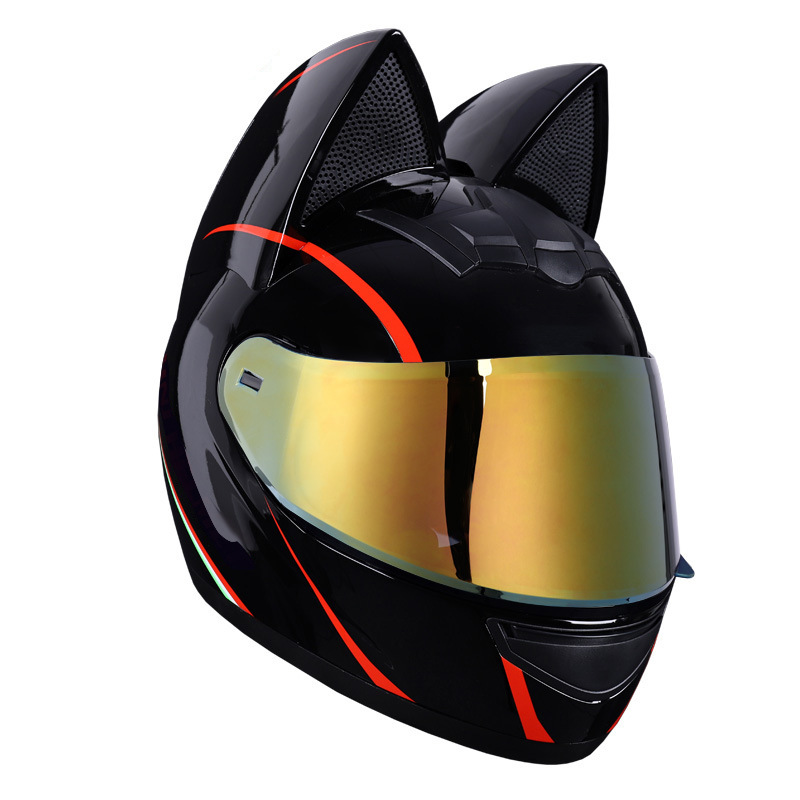 Casco de motocicleta eléctrica HNJ, casco integral con oreja de gato certificado 3C para mujer, verano, se puede equipar con auriculares Bluetooth, casco integral para motocicleta
