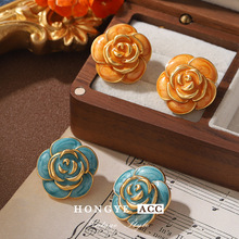 法式复古山茶花造型珐琅滴油高级感耳环时尚气质925银针耳钉批发