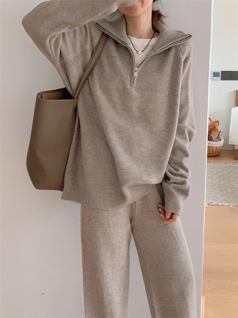 Women’s Korean Style Knit Sweater & Wide Leg Pants Set – Lapel Half-Zip Lounge Suit (One Size, 6 Colors)_voghion.com