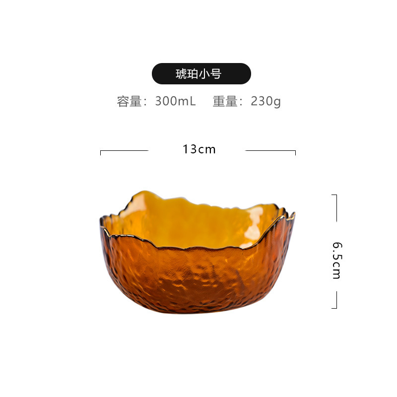 Venta al por mayor estilo nórdico patrón de martillo transparente borde dorado ensaladera de vidrio hogar plato de fruta de postre de alto aspecto vegetal