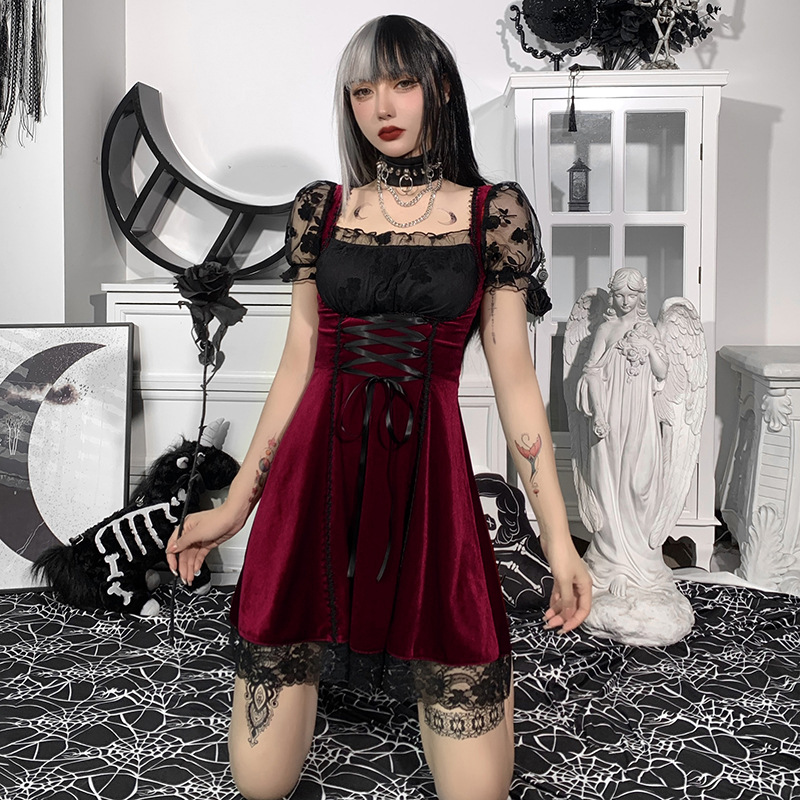 Early Dark Style Lace Stitching Lace-Up Dress NSGYB99106