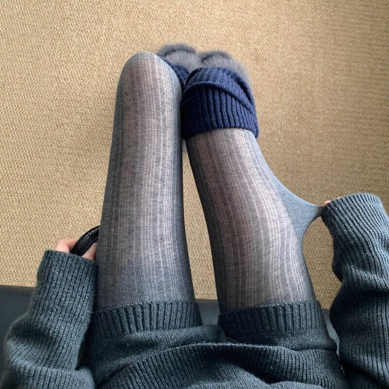 Gray Miu-Style Leggings for Women, Thin Striped Sheer Pantyhose, Korean-Style Gray Long Socks That Can Be Worn Outside with Long Boots Gray Miu-Style Leggings for Women, Thin Striped Sheer Pantyhose, Korean-Style Gray Long Socks That Can Be Worn Outside with Long Boots