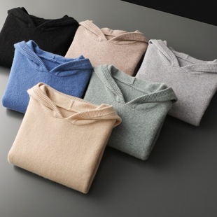 Cashmere sweater men's hooded thickened cashmere sweater loose sports hoodie autumn and winter simple casual sweater coat