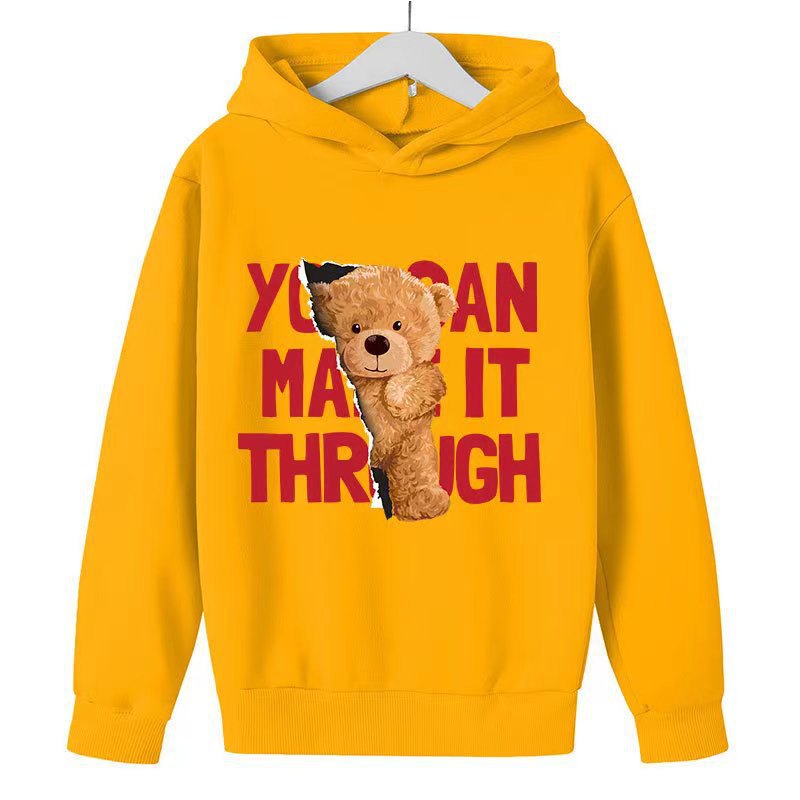 Autumn and winter fleece hooded sweatshirt for boys and girls, cute and stylish children's clothing for ages 5-14, long-sleeved with letter print