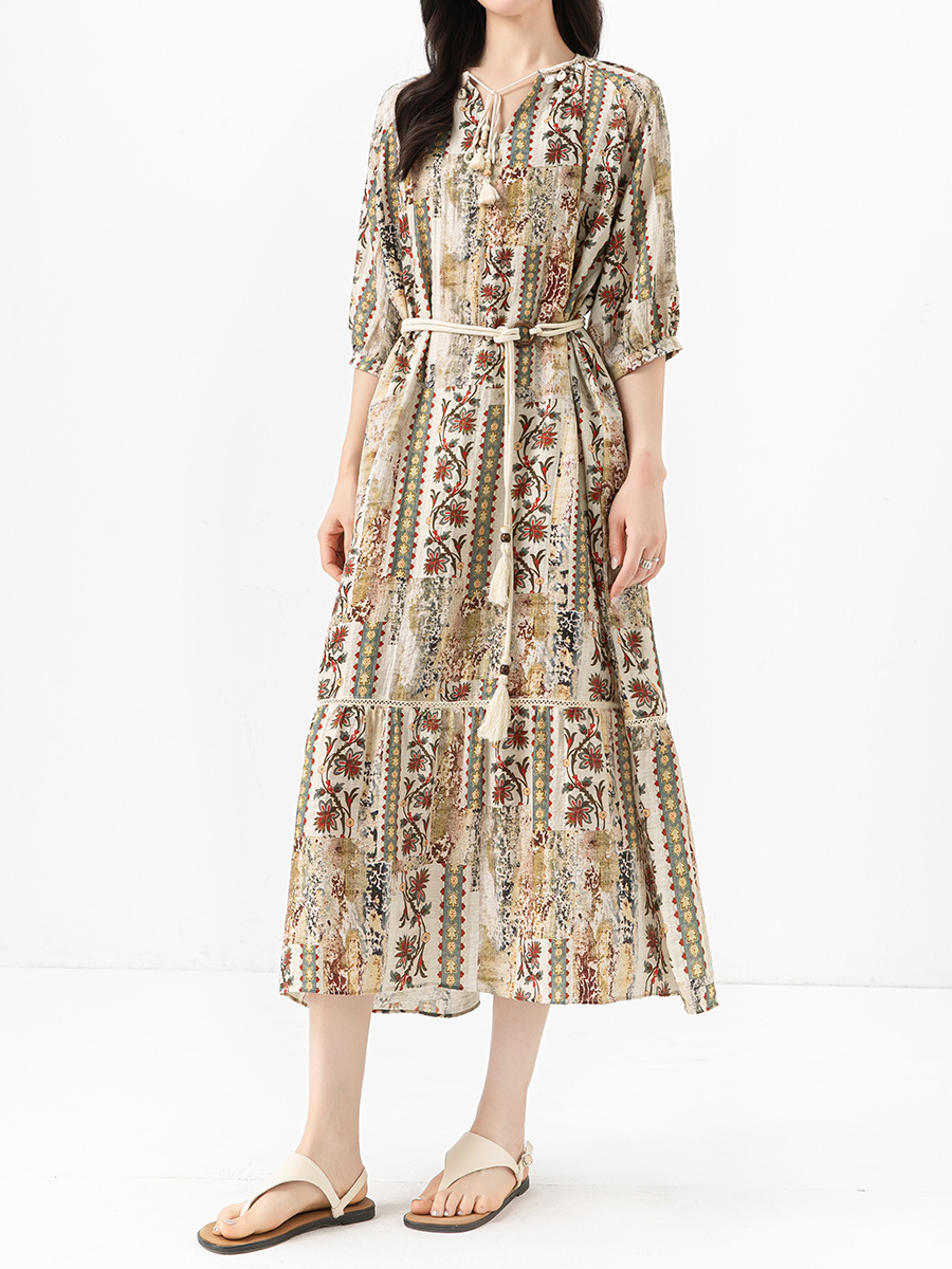 Váy maxi nữ phong cách Bohemian in hoa vải lanh dây thắt eo rộng rãi mùa hè — Màu cà phê