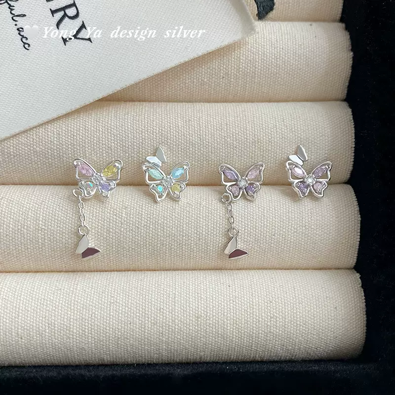 足银S999小众设计蝴蝶流苏冰花锆耳钉女高级气质ins简约耳饰代发