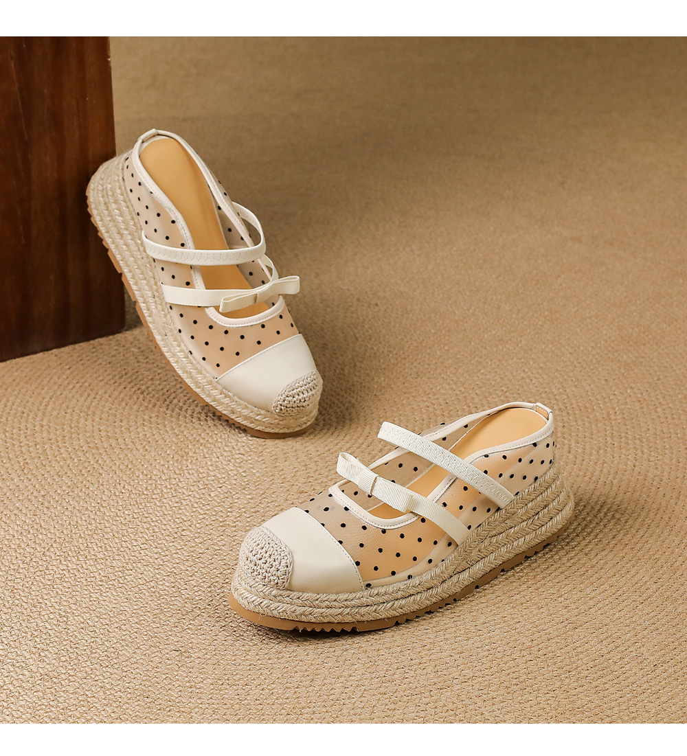 Mule nữ mũi nhọn bít đế xuồng cao gót 5 cm phong cách boho — màu trắng ngà, Chấm bi trắng kem chi tiết 14