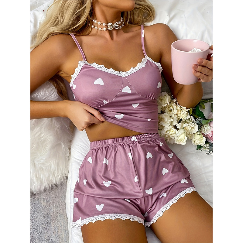 Home Women's Lady Modern Style Heart Shape Polyester Milk Fiber Shorts Sets Pajama Sets display picture 3