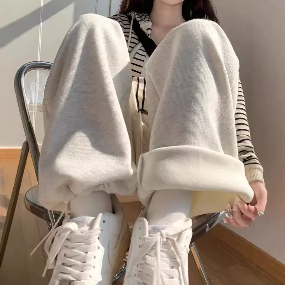 加绒运动裤女宽松束脚秋冬2025新款直筒阔腿美式休闲灰色显瘦卫裤