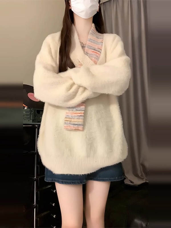 慵懒风软糯v领白色毛衣女2025新款秋冬季宽松长袖针织上衣感|undefined