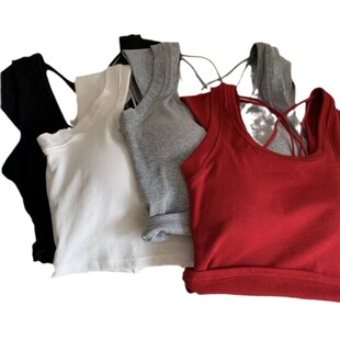 Red Hong Kong style hot girl backless camisole women's summer outer wear beautiful strap chest pad short slim sleeveless top
