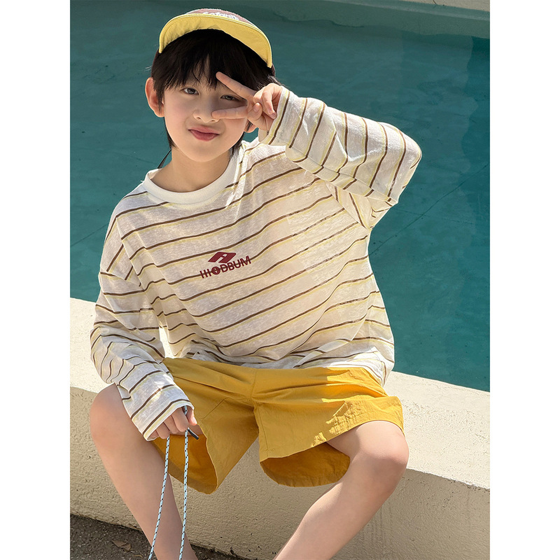 2026 Summer Korean Style Letter Print Children's Long-Sleeve Casual Lightweight Soft Color-Block Striped Unisex T-Shirt Trendy