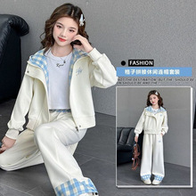 女童秋装格子拼接外套长裤两件套2025新款中大童韩版时髦洋气套装