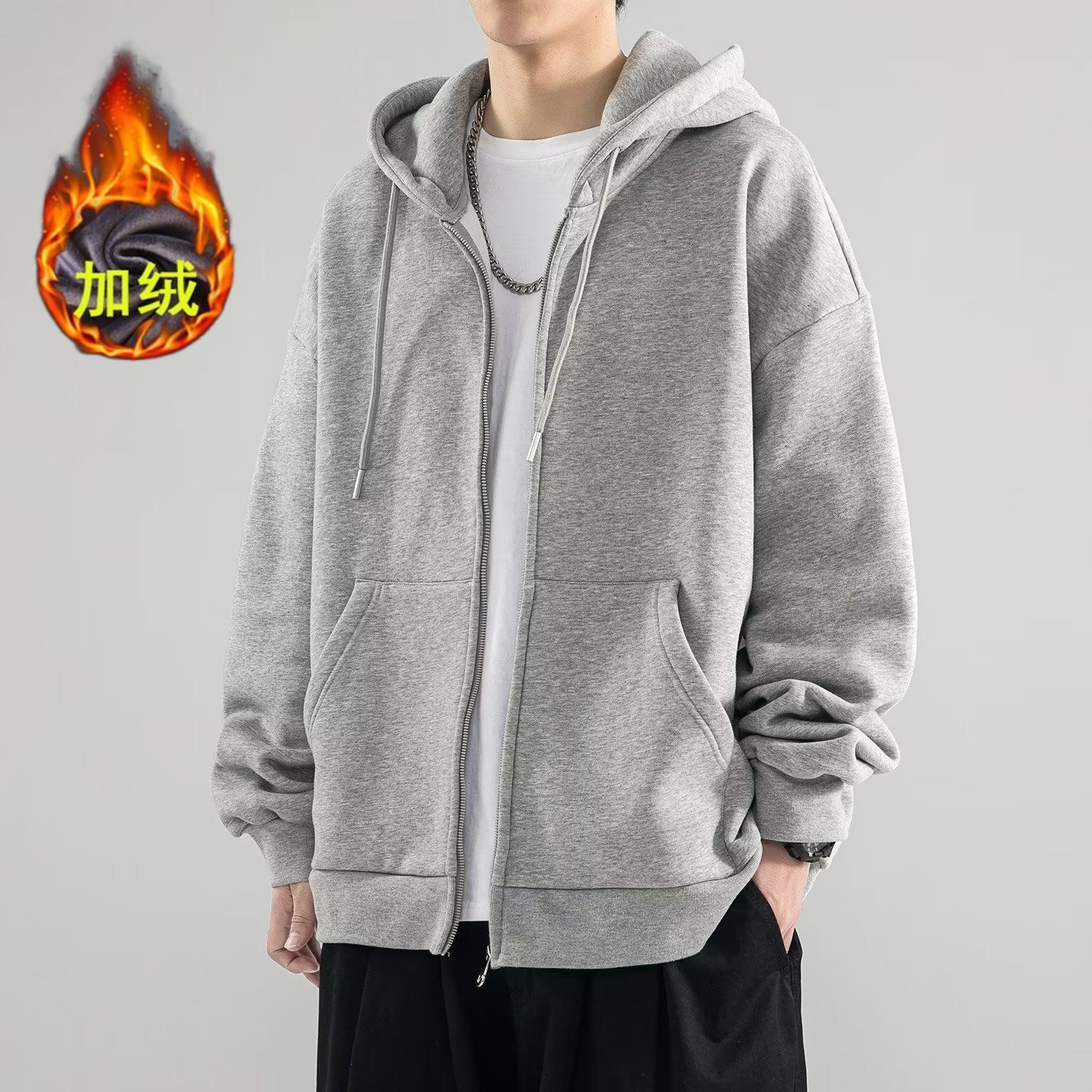 Autumn and Winter Hooded Zipper Cardigan Sweatshirt for Men and Women, Trendy Casual Simple Jacket, Large Size Loose Velvet Jacket Cross-Border