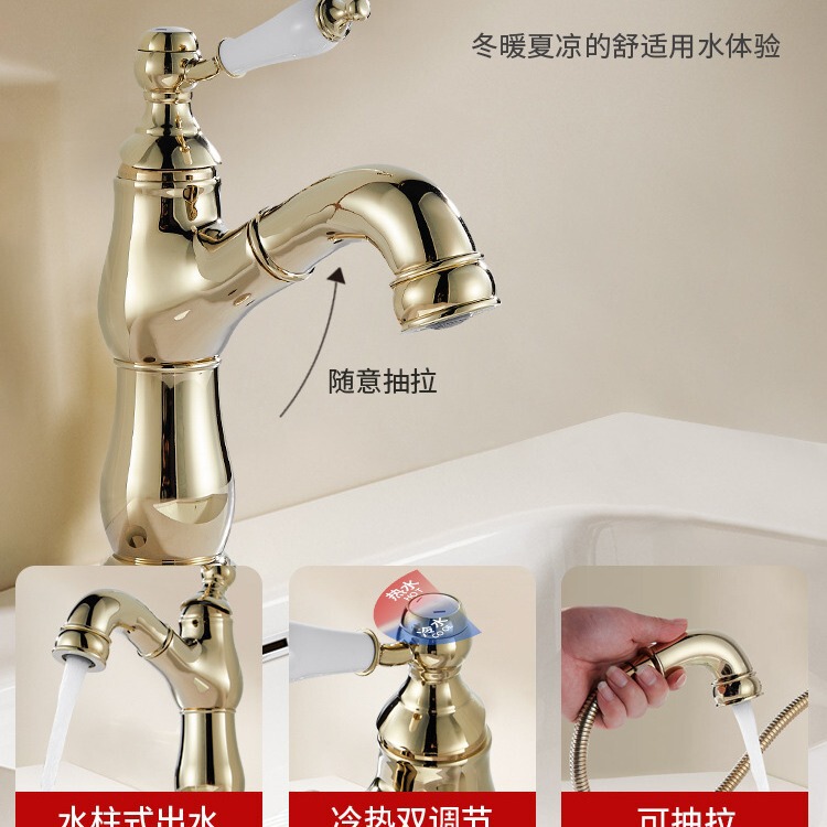 Cross-Border French Faucet Pull-Out Hot and Cold Splash-Proof Bathroom Cabinet Rotatable Kitchen Sink and Washbasin