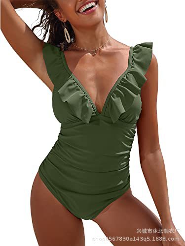 2024 Amazon nuevo traje de baño de una pieza plisado para mujer traje de baño plisado con cuello en V image 12