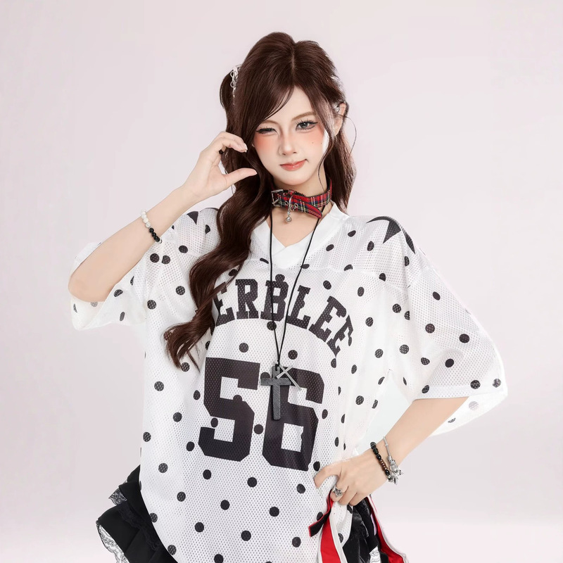 Polka Dot Hip-Hop Digital Print V-Neck Short-Sleeved T-Shirt for Women Summer Hot Girl Sweatshirt Loose Sweet Baseball Uniform Top