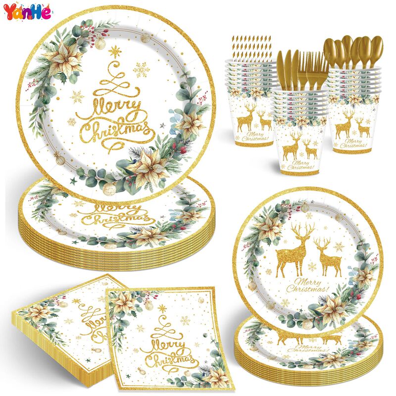 Gold Christmas Reindeer Theme Disposable Tableware Set Paper Plates Napkins Paper Cups Holiday Party Decoration