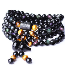 天然彩虹眼黑曜石六字真言桶珠108颗佛珠手链葫芦男女款6-8mm批发