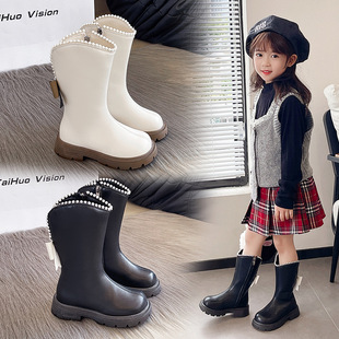 Girls' Shoes, Children's Long Boots, 2024 Spring and Autumn Style, Winter Long Leather Boots, Princess Girls' Fleece-Lined and Warm