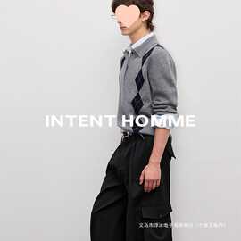 冬季保暖慵懒感菱形格针织衫上衣男款miu系休闲百搭长袖翻领毛衣