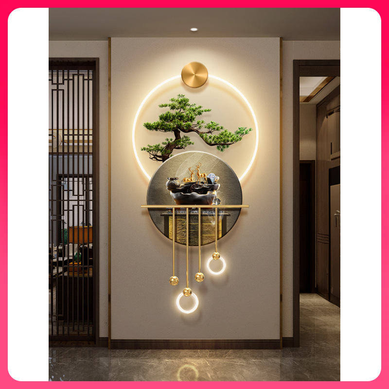 ✅Nueva pintura decorativa de entrada de pino de bienvenida al estilo chino Podocarpus ciprés pasillo lámpara de pared agua corriente para ganar dinero en casa