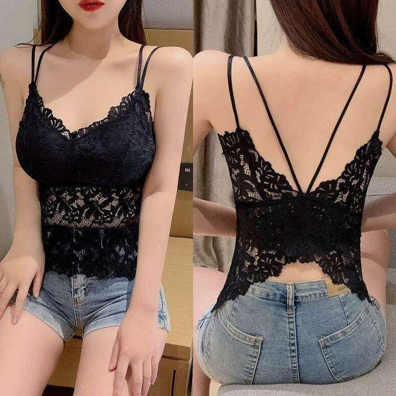 Lace Summer Top, Wireless Strap Bra, Backless Design with Cups, Fitted Lightweight