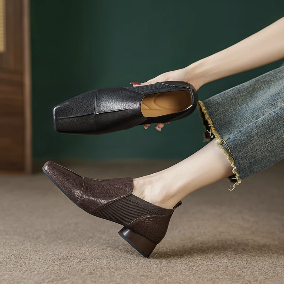 Scarpe da donna in pelle versatili con tacco medio e punta quadrata, tacco grosso e scollatura profonda, dallo stile vintage di alta gamma, scarpe con tacco alto._voghion.com