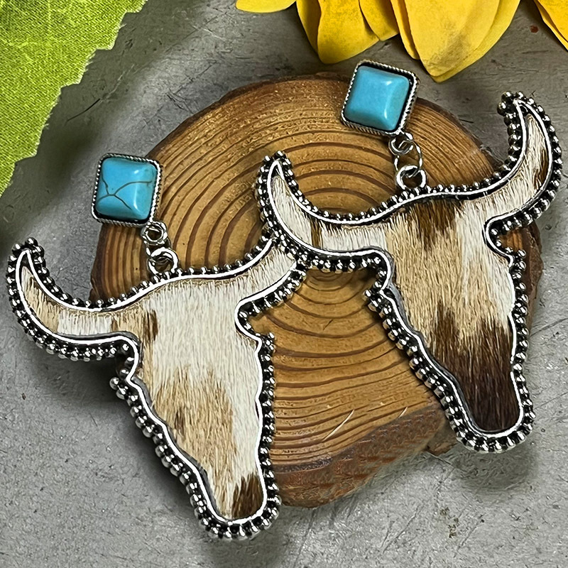 1 Pair Ethnic Style Bull Head Alloy Leather Inlay Turquoise Womenu0027S Drop Earrings