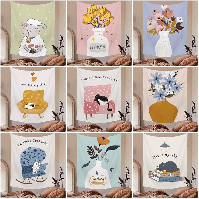 Cartoon animal background cloth office hanging picture Morandi fitting partition blocking wall tapestry minimalist_voghion.com