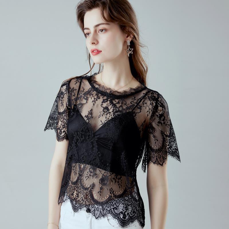 Fashionable Inner Wear, Stylish Black Transparent Mesh Bottoming Shirt, Noble Hollow-Out Top, New Sexy Loose Lace Shirt