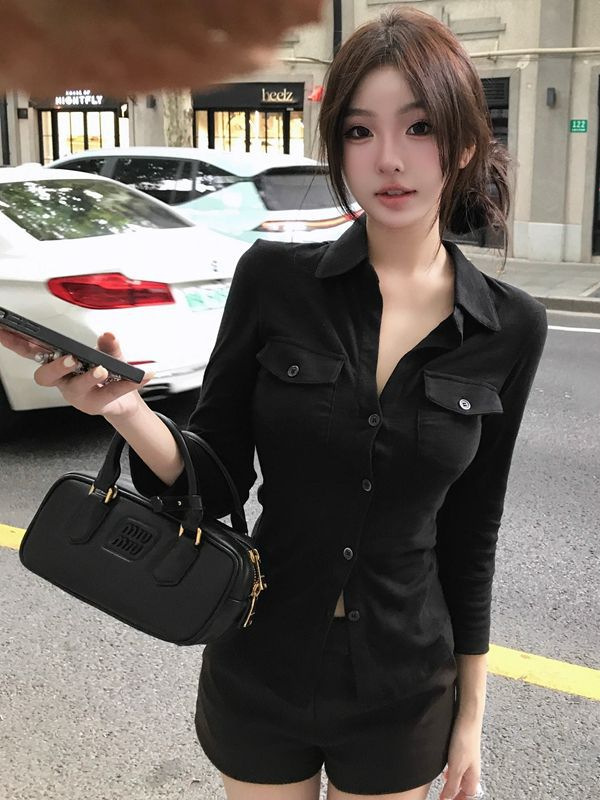 気質純欲風セクシー襟長袖シャツ女性春夏修身ウエストシャツ白いカーディガン上着クロスボーダー