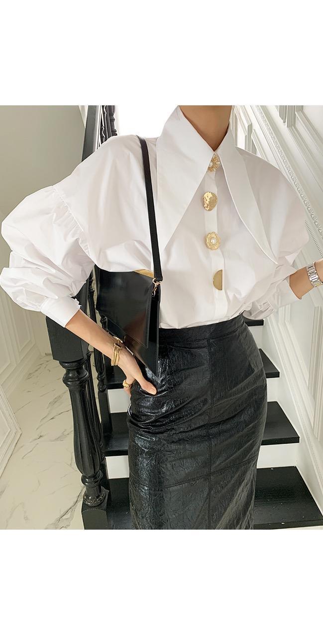 Pointed Collar Blouse for Women White Shirt with Abstract Print Office-to-Date A-Line Top Single Button Closure XS-3XL_voghion.com