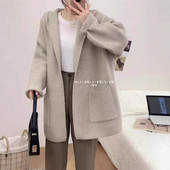 连帽毛衣外套女2025秋冬新款跨境高级感中长款宽松慵懒风针织开衫