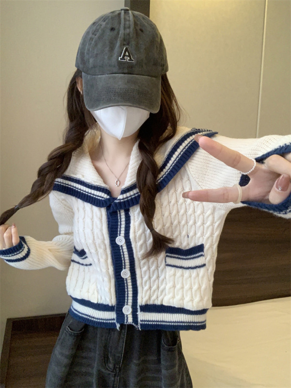 Navy Collar Cable-Knit Lazy Style Sweater Cardigan for Women, 2026 New Autumn Design, Niche Knit Cardigan Top