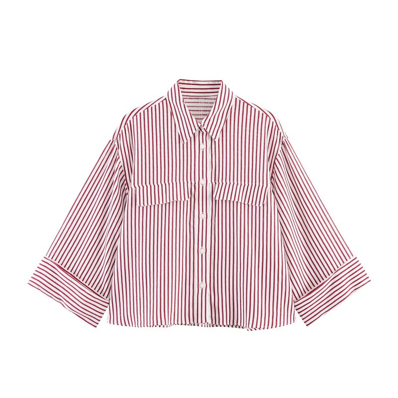 Summer new women's clothing, commuter style, collared shirt with elbow-length sleeves, hidden button pockets, striped shirt top Summer new women's clothing, commuter style, collared shirt with elbow-length sleeves, hidden button pockets, striped shirt top