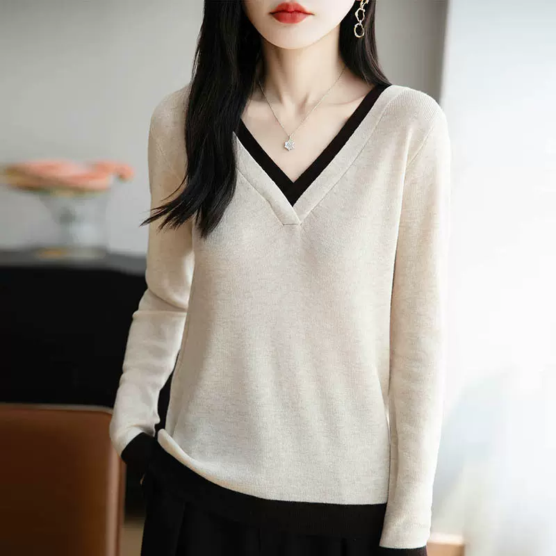 女式V字领精纺羊毛针织打底衫简约拼色设计套头毛衣秋冬新款长袖