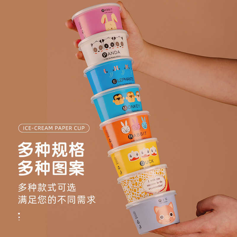 Taza de papel desechable para cortar y fritar yogur grueso tazón de papel comercial caja de hielo de plancha de hielo de polvo de hielo para llevar cubierta tropical fría impermeable