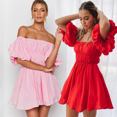 2021年夏季新款壹字肩連衣裙寬松迷妳短裙粉色泡泡袖連衣短裙
