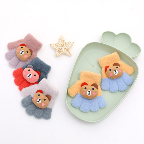 Children's infant gloves outdoor finger play gloves autumn and winter plus velvet thickened cute warm five-finger gloves