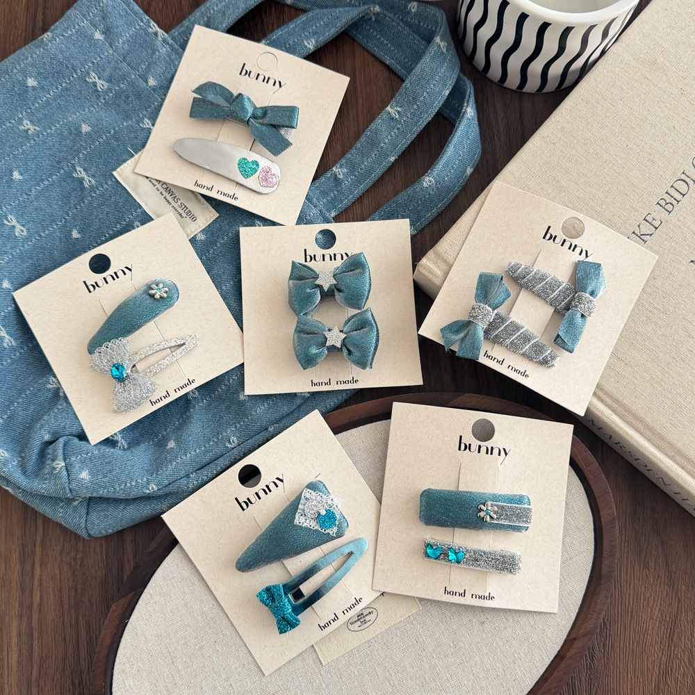 High-End Fine Glitter Sapphire Blue Bow Kidsren's Hairpin Elegant Sweet and Cool Fabric Hair Accessories Bangs Broken Hair Side Clip