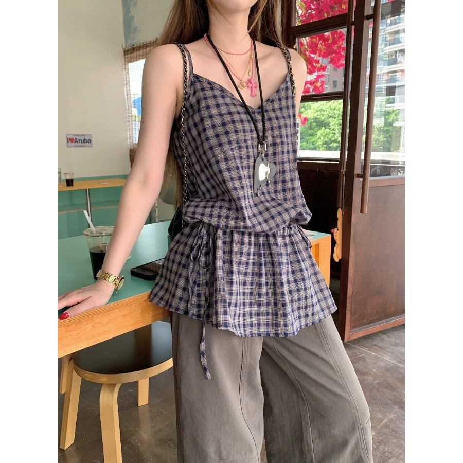 Ретро повседневный клетчатый жилет с камзолом для женщин 2025 лето новый продвинутый свободный тонкий дикий топ