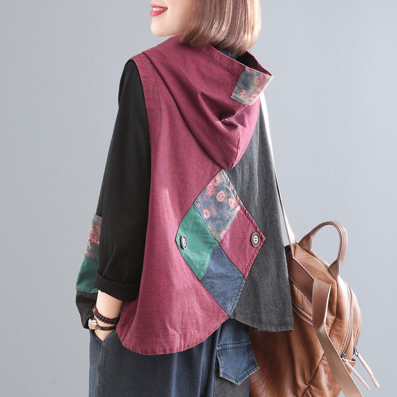 Autumn New Korean Style plus size Flesh Covering Vintage Old Hooded Printed Stitching Denim Vest Women's Vest Autumn New Korean Style plus size Flesh Covering Vintage Old Hooded Printed Stitching Denim Vest Women's Vest
