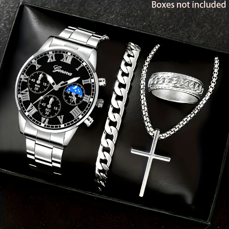 Temu Popular 4-Piece Men's Watch Fully Automatic Glass Quartz Watch Fashionable Luminous Watch Cross Necklace