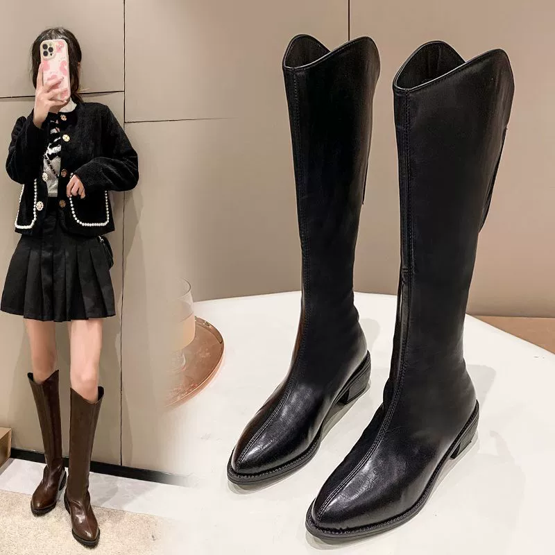 Сапоги с V-образным вырезом, женские на флисовой подкладке 2023, Новые осенне-зимние черные остроносые маленькие толстые штанины, высокие рыцарские сапоги