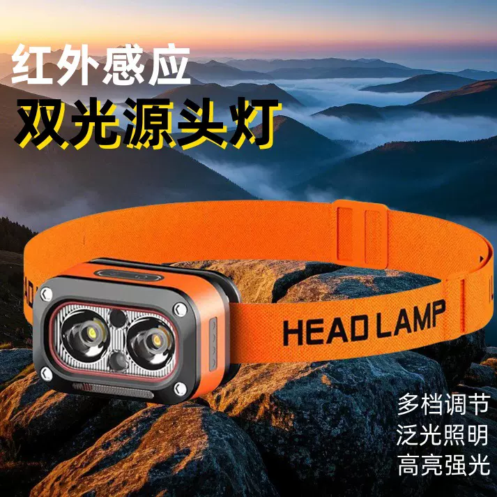 跨境新款LED三光源感应头灯 户外夜骑钓鱼多功能Type-C充电小头灯