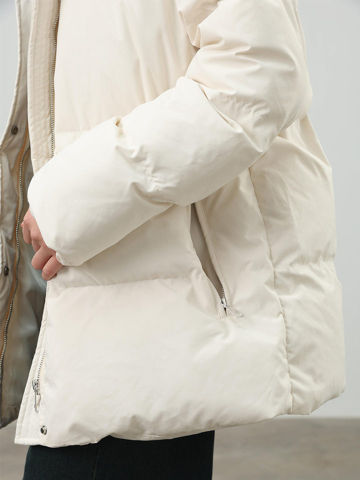 Áo khoác bông nữ có mũ, khóa kéo, thắt eo dáng ôm, dài trung bình, chất liệu polyester dày — màu nâu, màu đen, quả mơ chi tiết 65