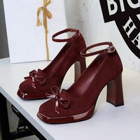 9992-H81 French style elegant one-piece buckle with bow, square toe, suede, thick heel, waterproof platform, exquisite women's shoes